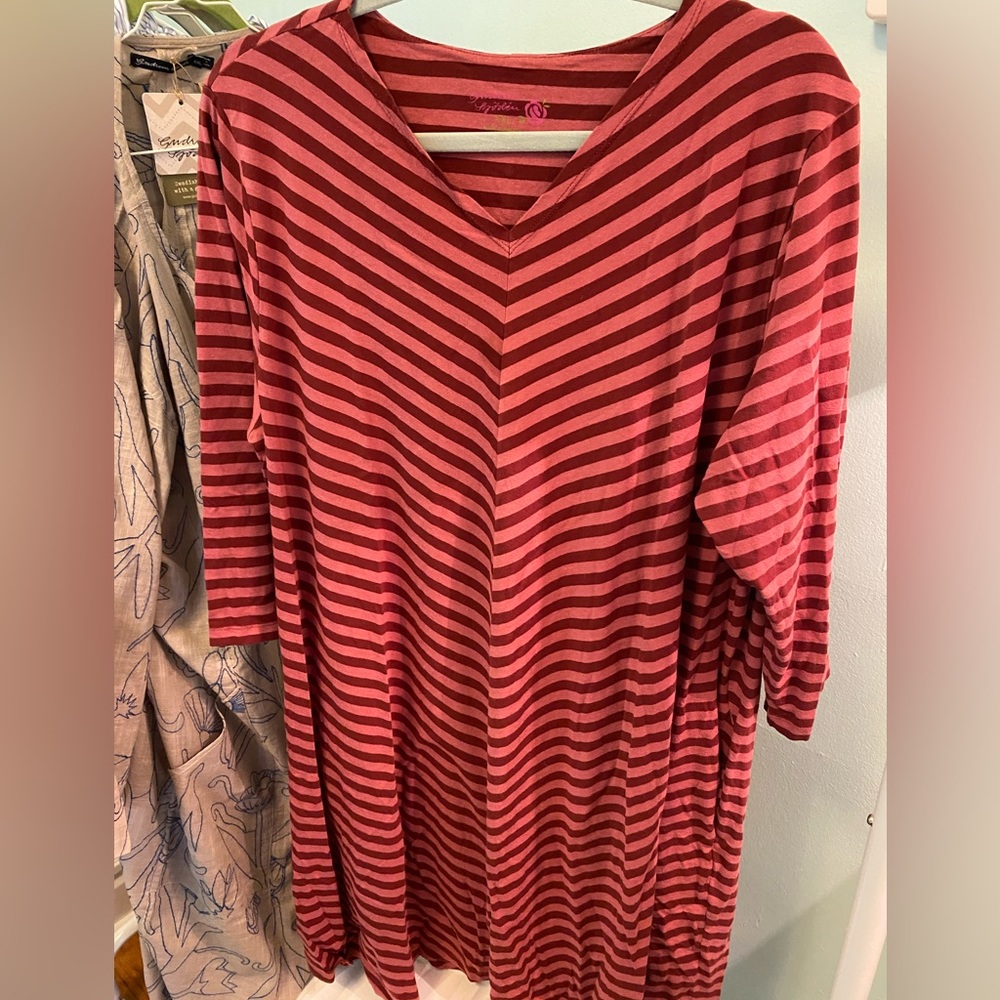 Brick red striped with dark rose stretchy a-line knee length dress